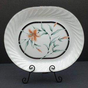 Corelle Tiger Lily Serving Platter White Swirl Plate Black Edge Flowers Leaves